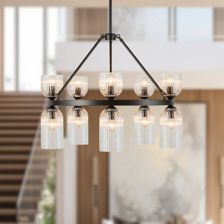 Alora Canada - CH442626MBCR - Ten Light Chandelier - Nelly - Matte Black/Clear Ribbed Glass