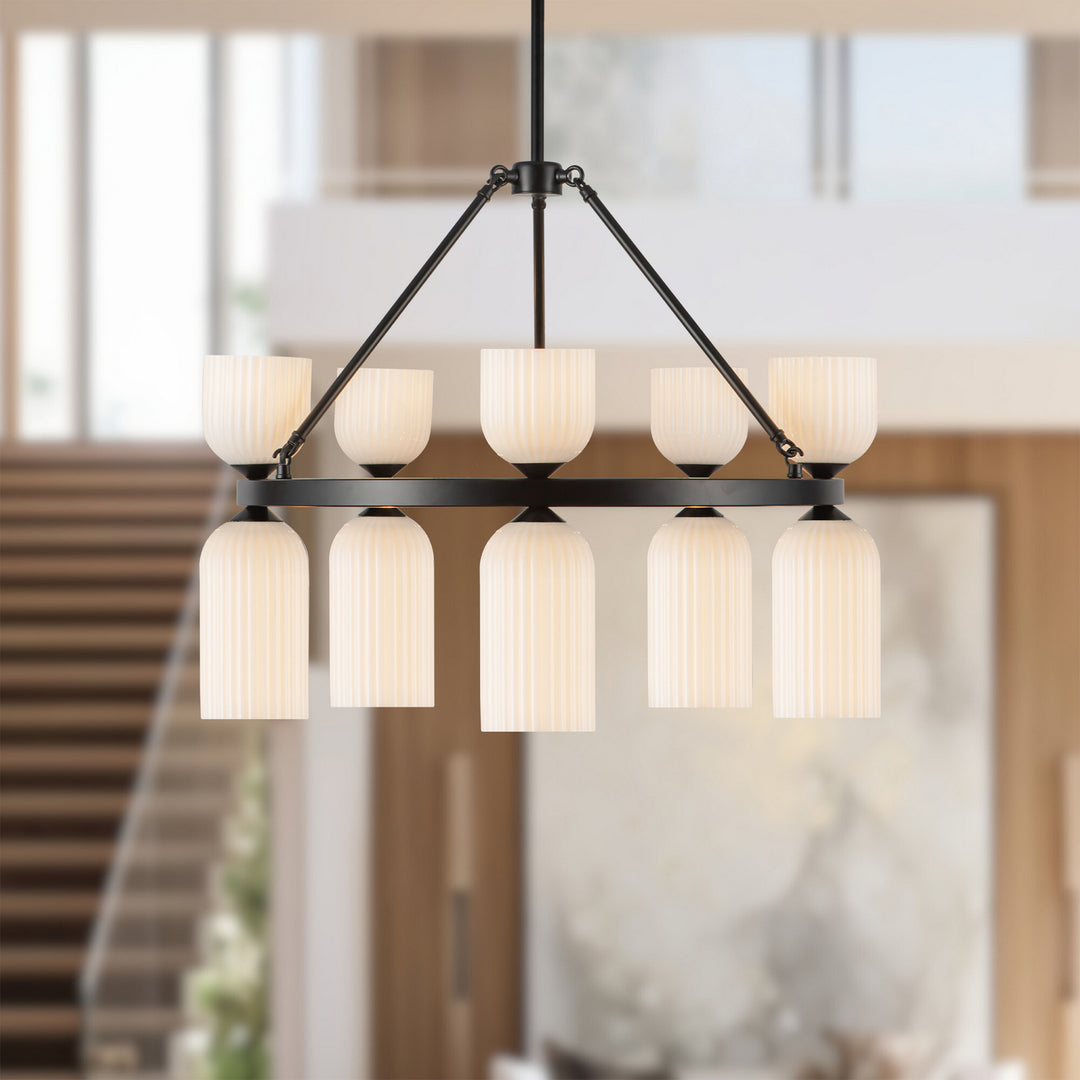Alora Canada - CH442626MBGR - Ten Light Chandelier - Nelly - Matte Black/Glossy Ribbed Opal Glass
