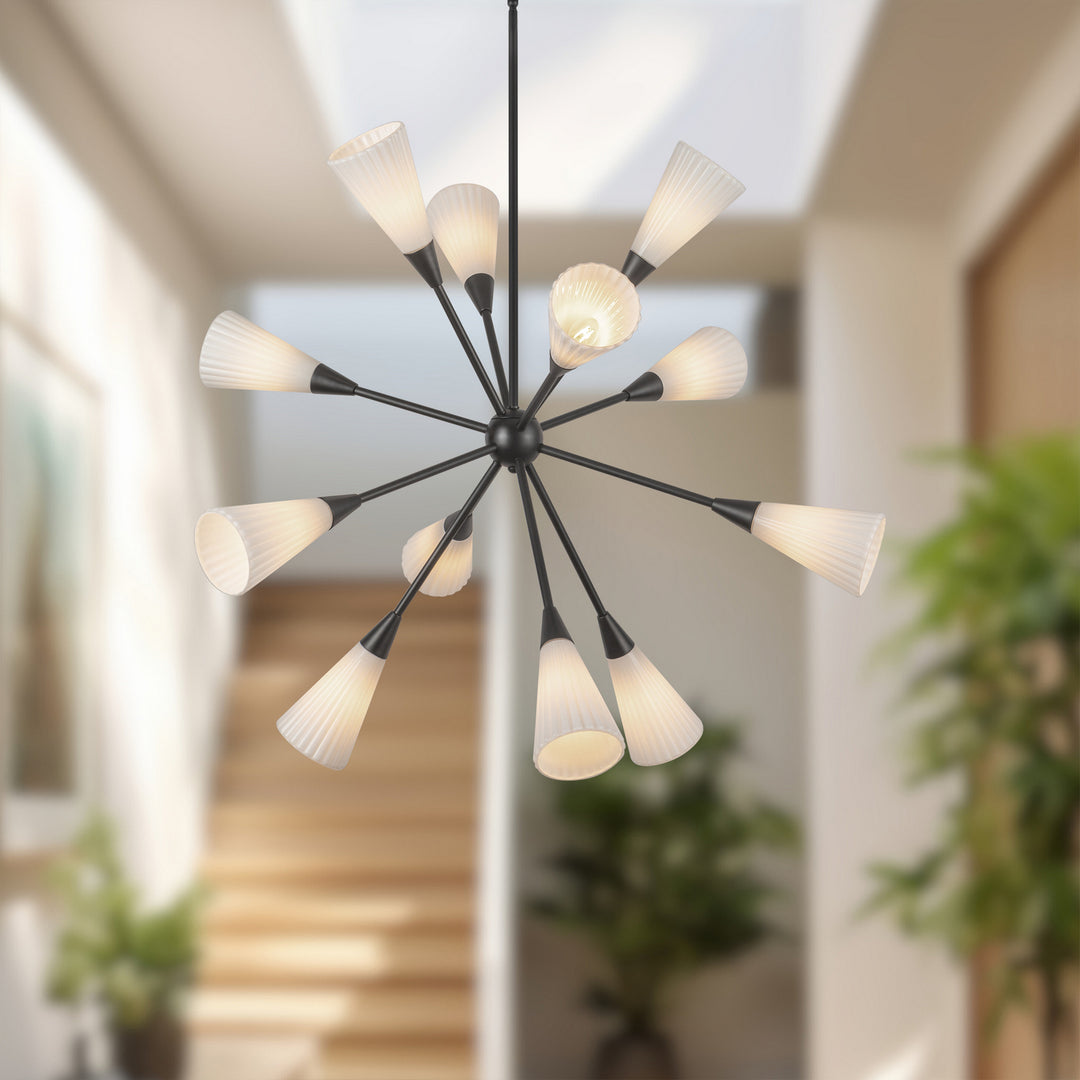 Alora Canada - CH462039MBGR - 12 Light Chandelier - Cosmo - Matte Black/Glossy Ribbed Opal Glass