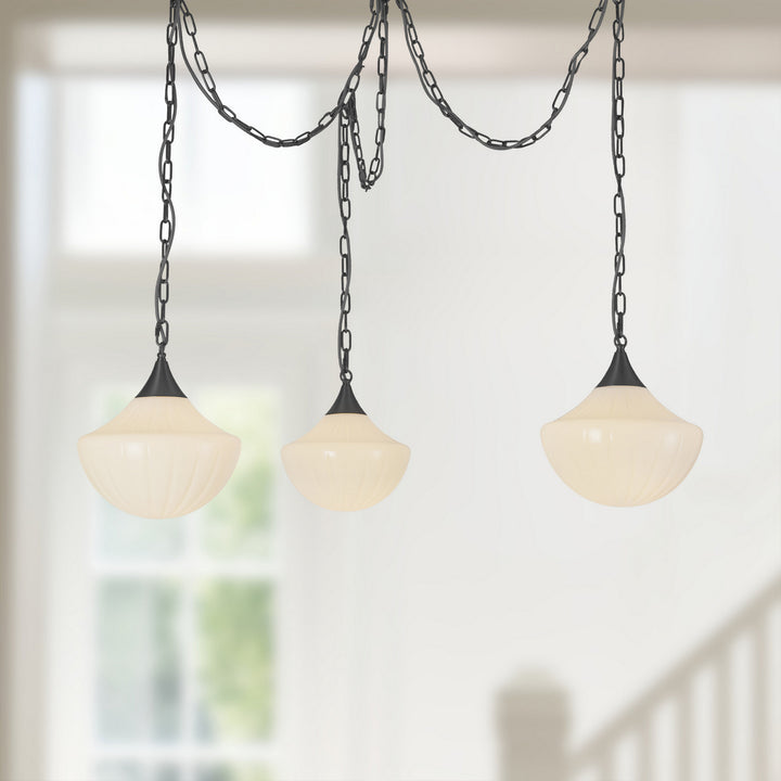 Alora Canada - MP651312MBGR - Three Light Pendant - Farrah - Matte Black/Glossy Ribbed Opal Glass