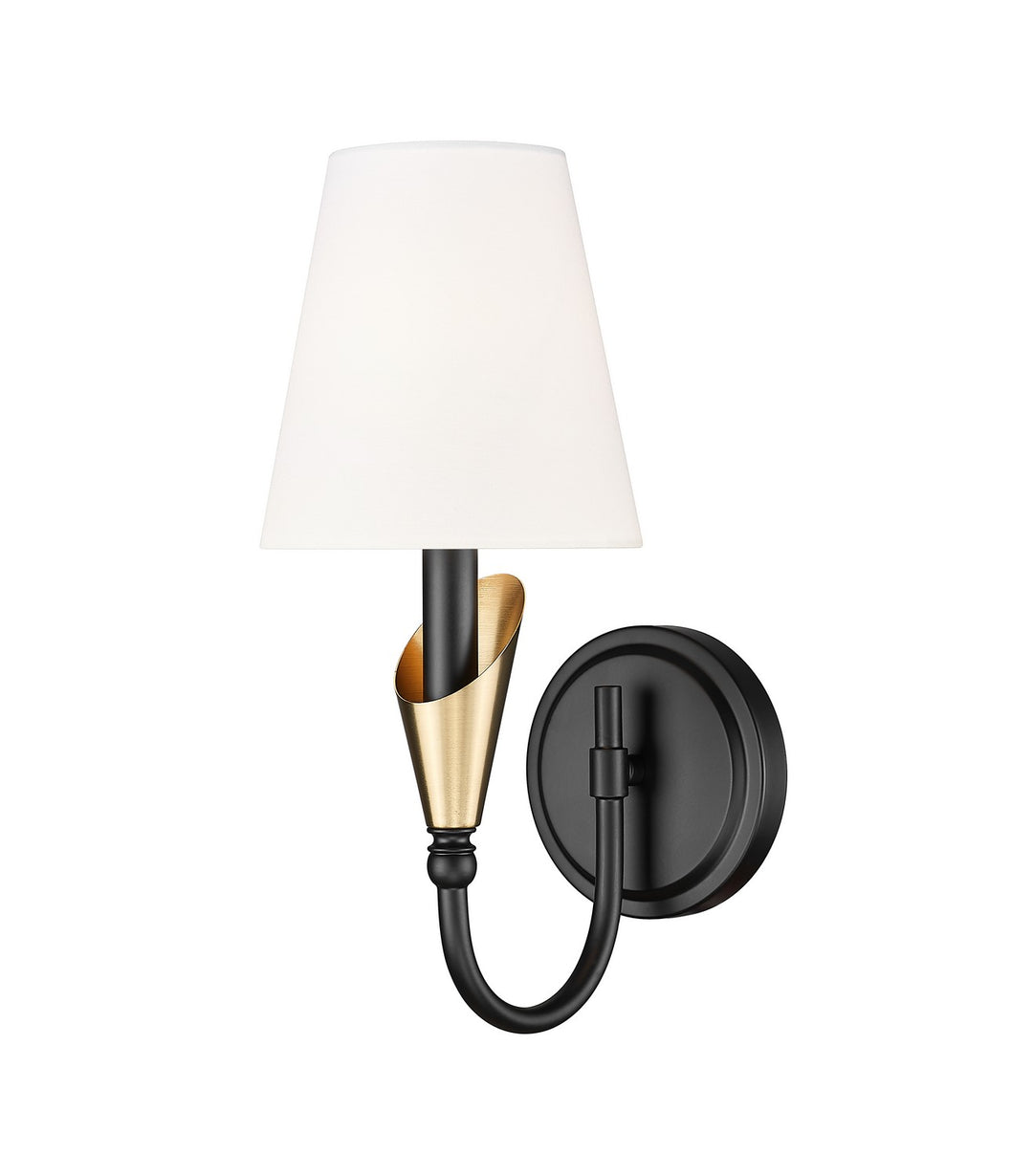 Claudelle One Light Wall Sconce in Matte Black + Modern Gold - available from The Lighting Shoppe, trusted by Canadian homeowners