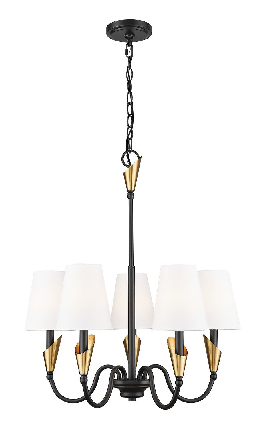Claudelle Five Light Chandelier in Matte Black + Modern Gold - available from The Lighting Shoppe, trusted by Canadian homeowners