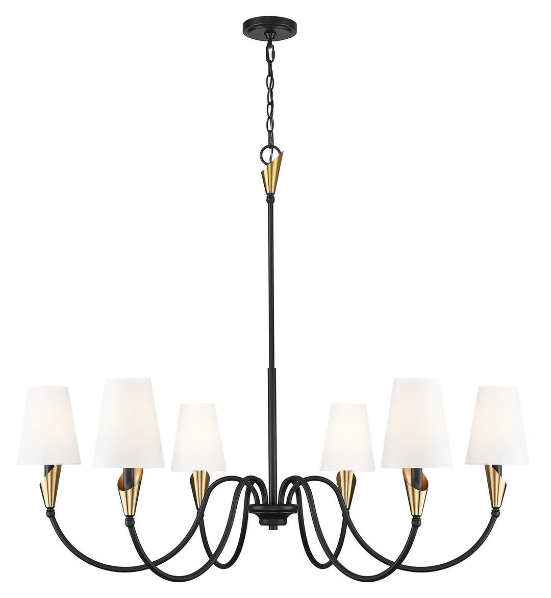 Claudelle Six Light Chandelier in Matte Black + Modern Gold - available from The Lighting Shoppe, trusted by Canadian homeowners
