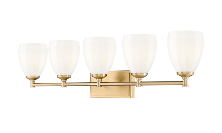 Oren Five Light Vanity in Modern Gold - available from The Lighting Shoppe, trusted by Canadian homeowners