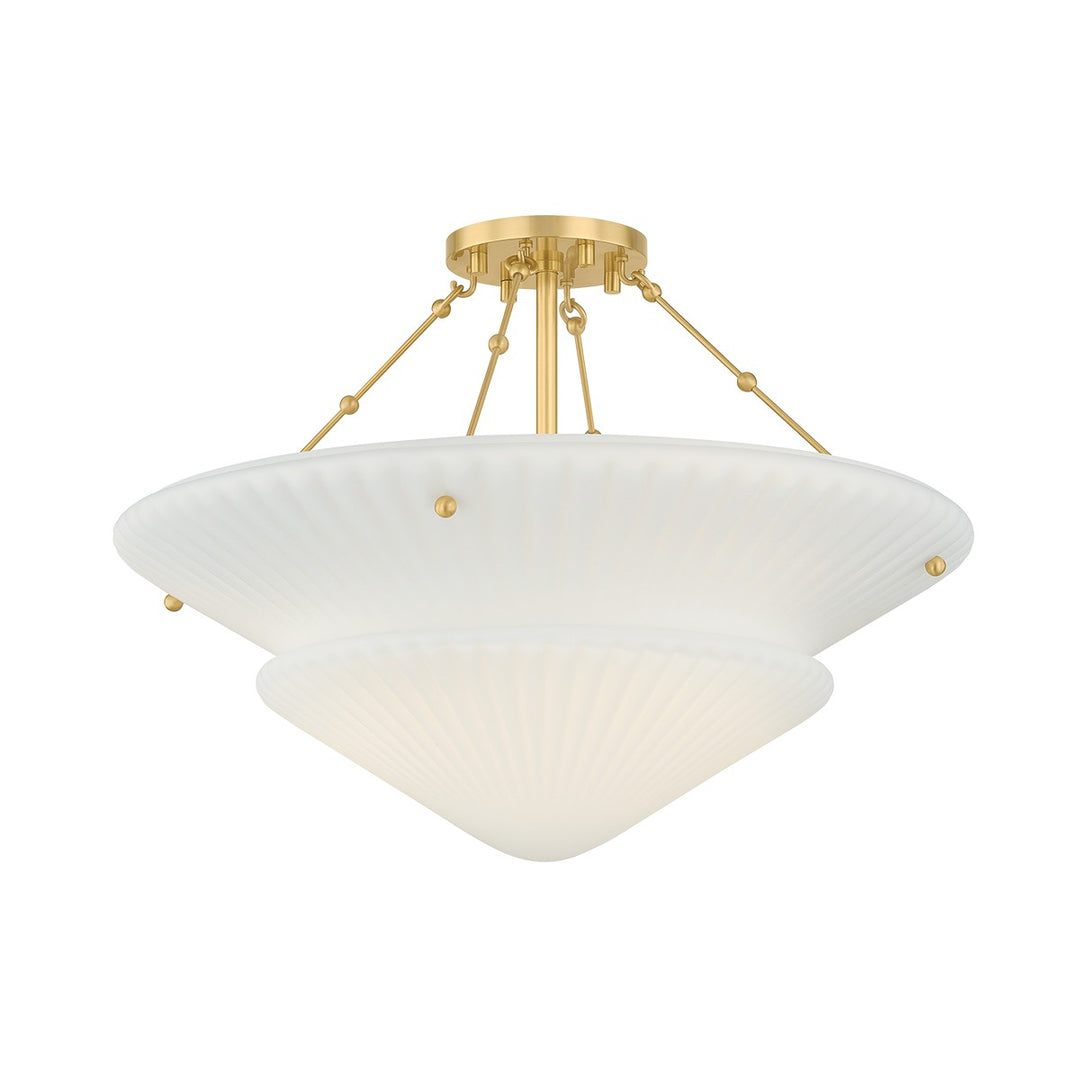 Loburn Three Light Semi Flush Mount in Aged Brass - available from The Lighting Shoppe, trusted by Canadian homeowners