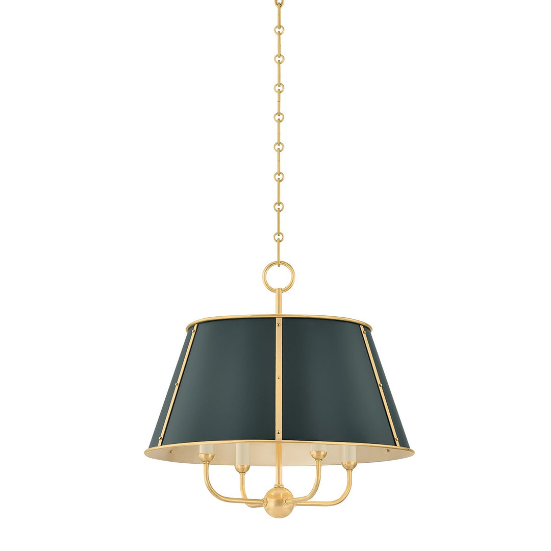 Cambridge Four Light Chandelier in Aged Brass/Soft Studio Green - available from The Lighting Shoppe, trusted by Canadian homeowners