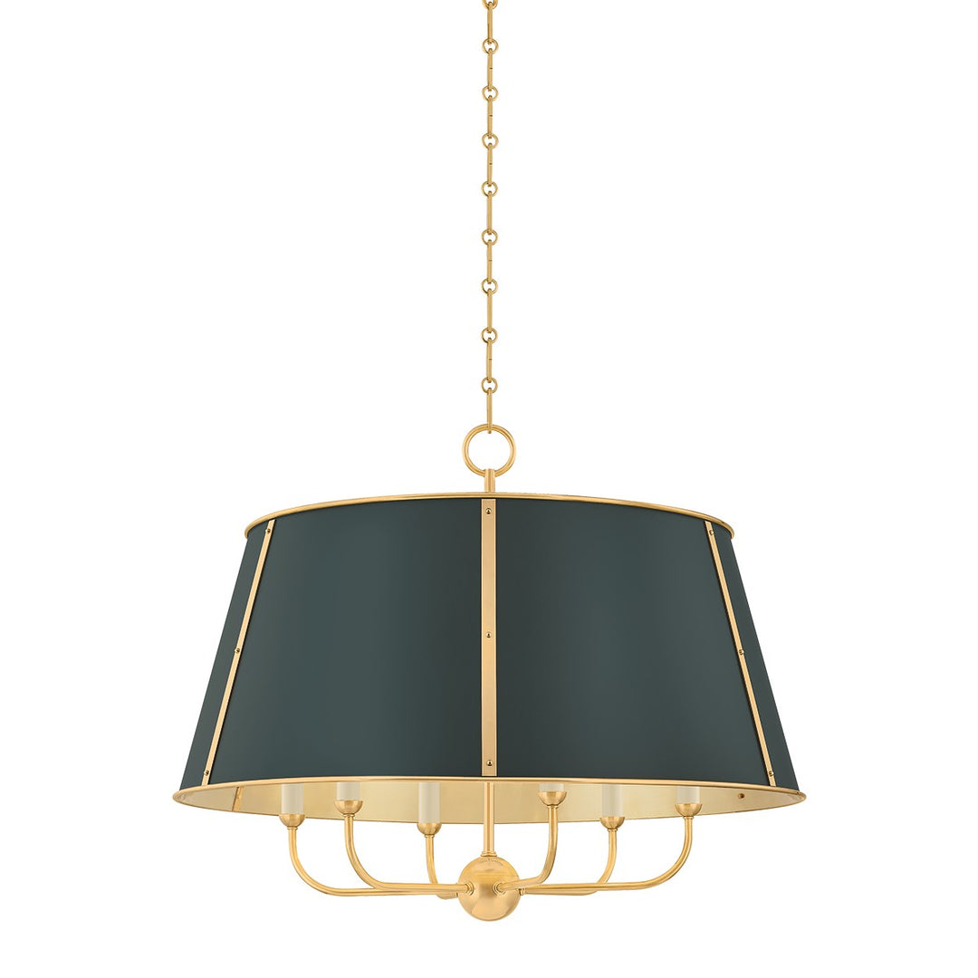 Cambridge Six Light Chandelier in Aged Brass/Soft Studio Green - available from The Lighting Shoppe, trusted by Canadian homeowners