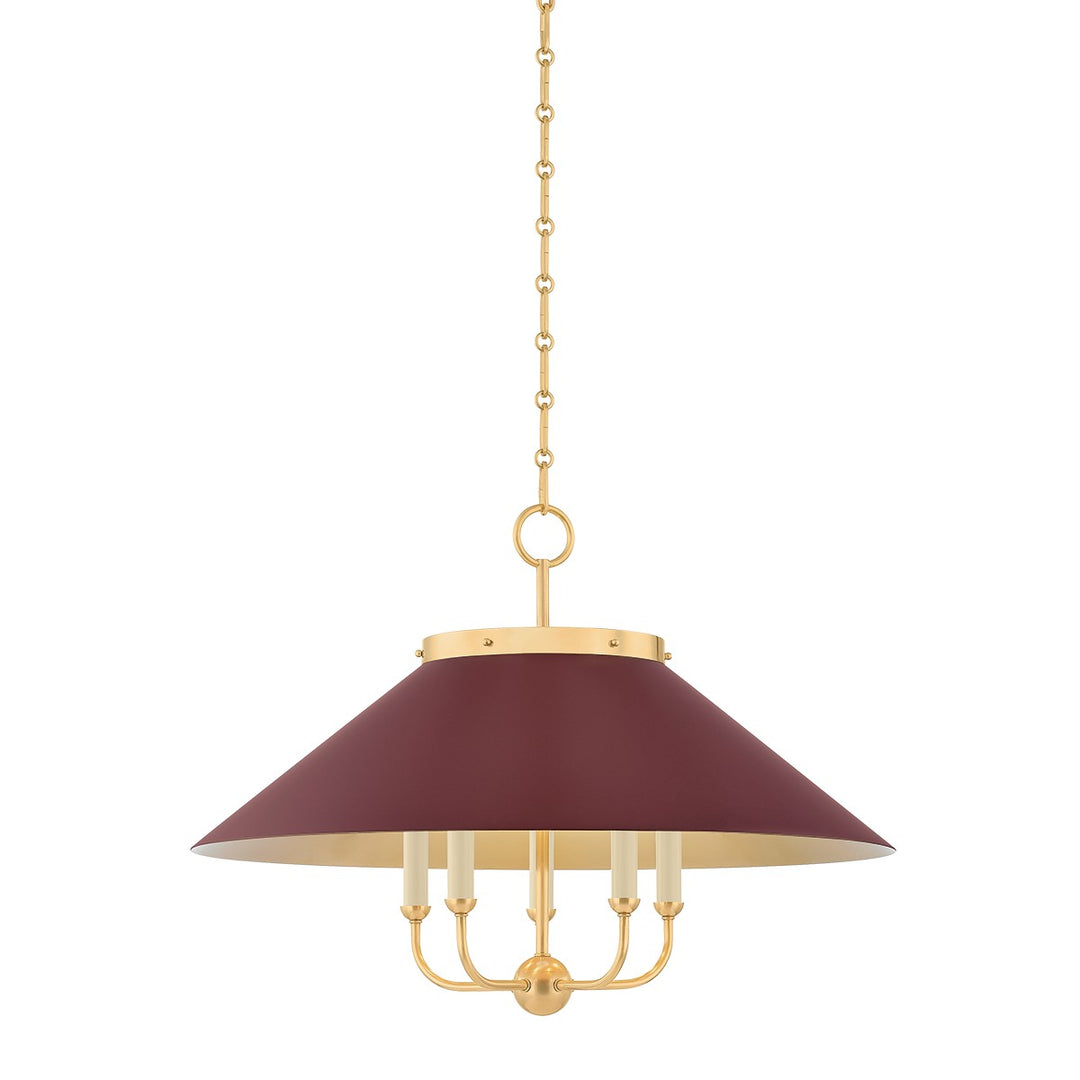 Clivedon Five Light Chandelier in Aged Brass/Soft Crimson - available from The Lighting Shoppe, trusted by Canadian homeowners