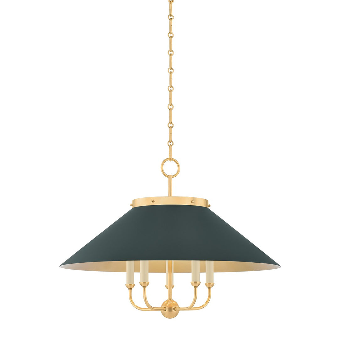 Clivedon Five Light Chandelier in Aged Brass/Soft Studio Green - available from The Lighting Shoppe, trusted by Canadian homeowners