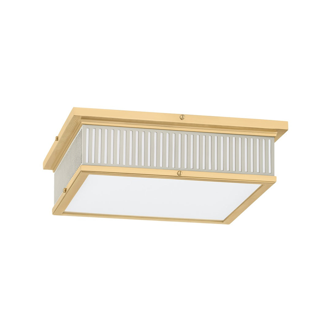 Ashdown LED Flush Mount in Aged Brass/Off-White - available from The Lighting Shoppe, trusted by Canadian homeowners