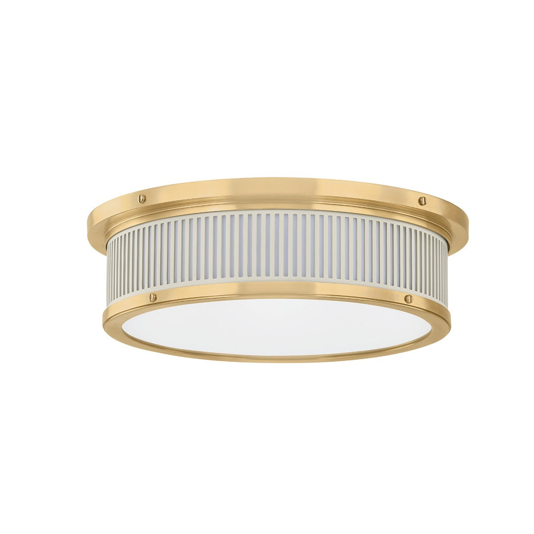 Ashdown LED Flush Mount in Aged Brass/Off-White - available from The Lighting Shoppe, trusted by Canadian homeowners