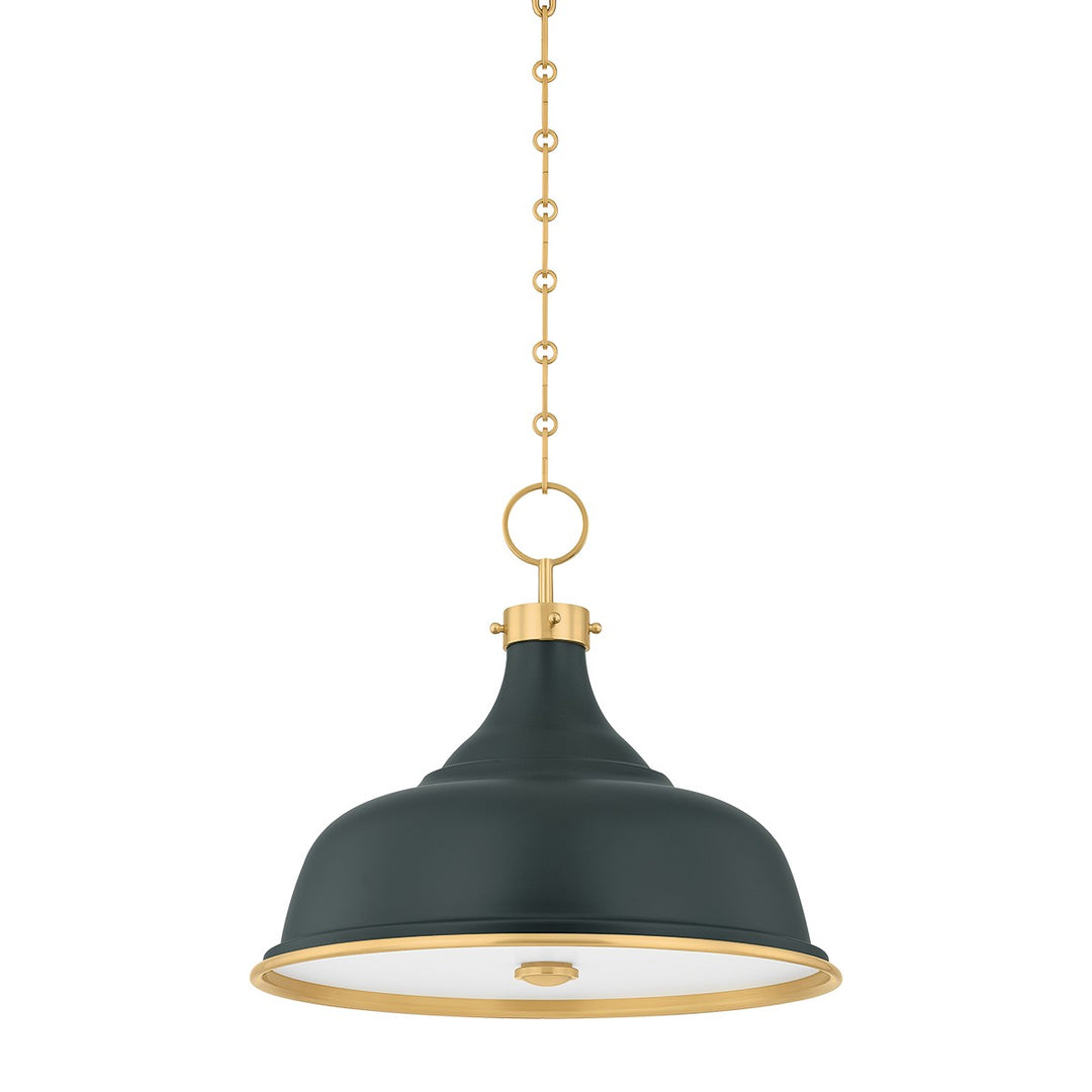 Painted No. 1 Three Light Pendant in Aged Brass/Soft Studio Green - available from The Lighting Shoppe, trusted by Canadian homeowners