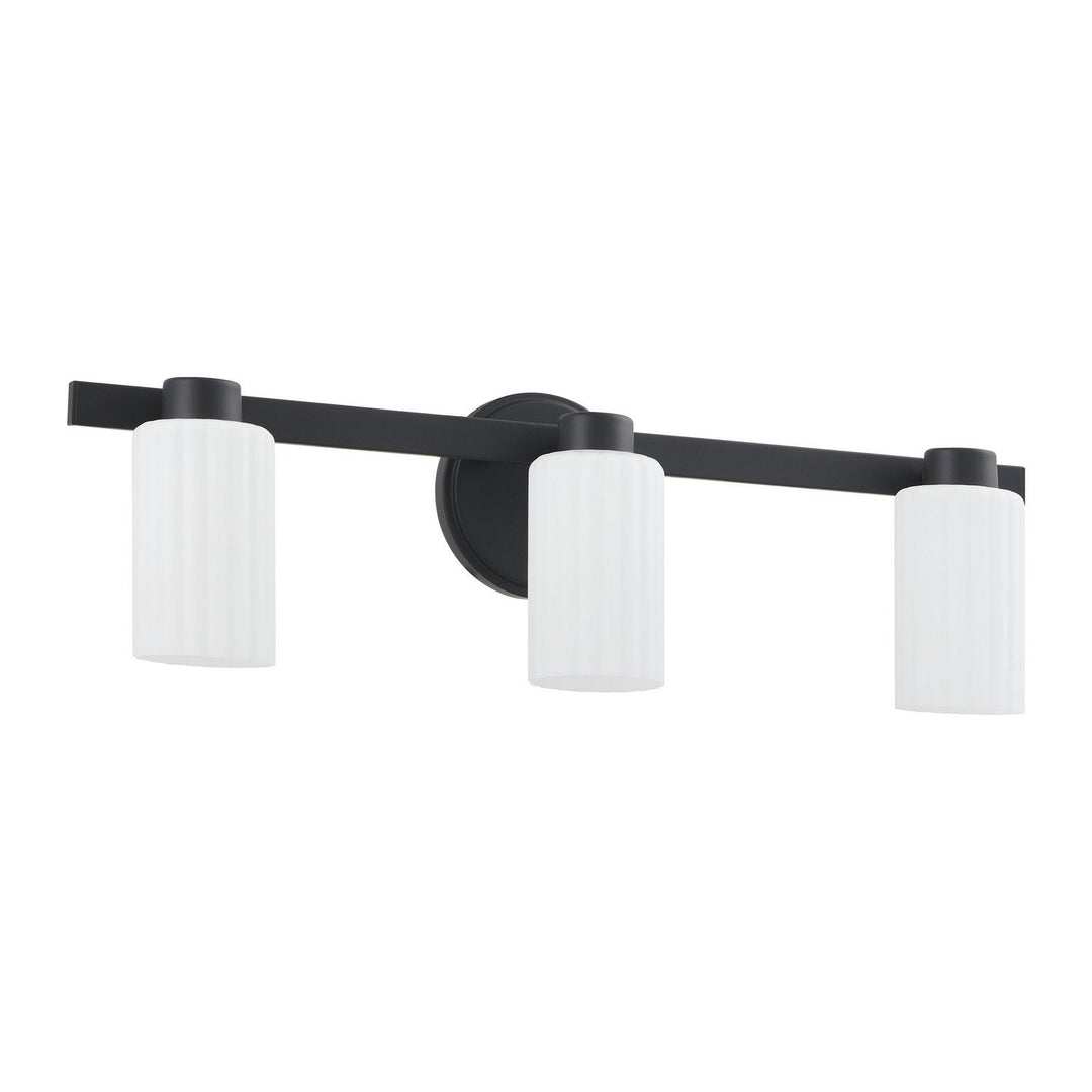 Bedminster Three Light Vanity in Matte Black, Opal Ribbed Thesis Canada