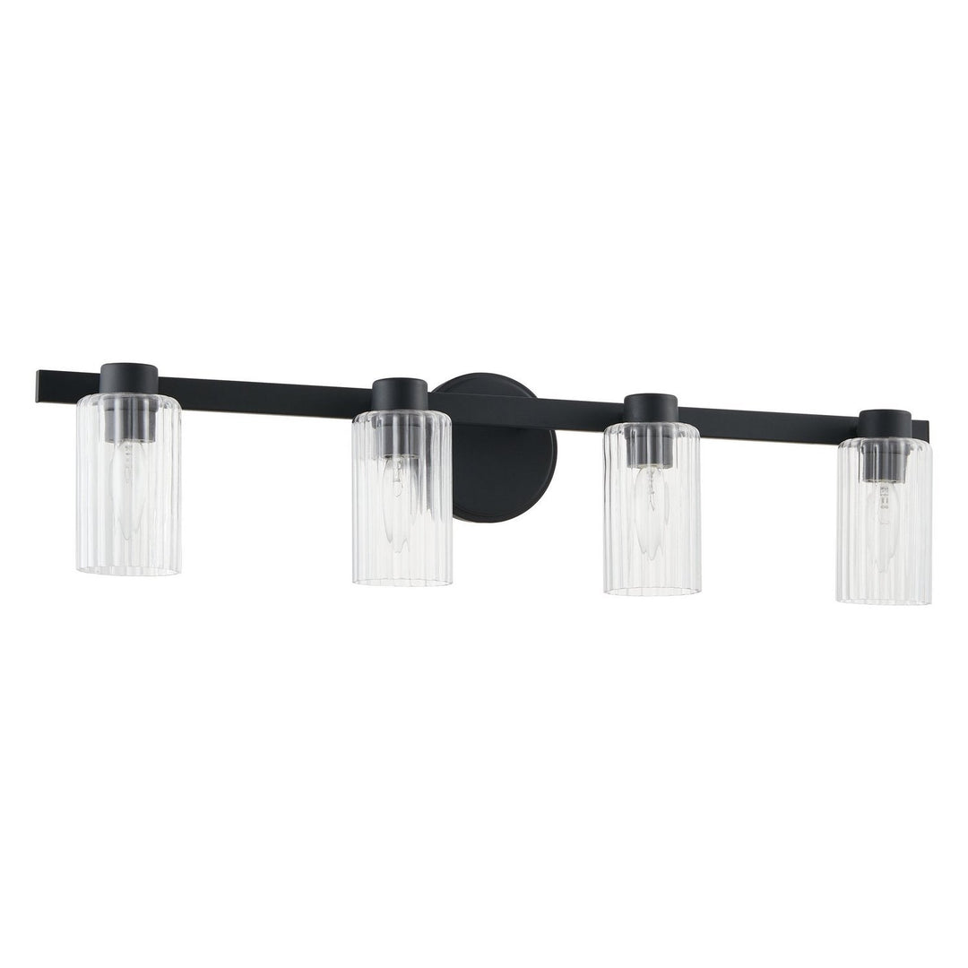 Bedminster Four Light Vanity in Matte Black, Clear Ribbed Thesis Canada