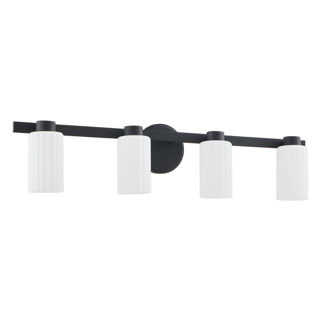 Bedminster Four Light Vanity in Matte Black, Opal Ribbed Thesis Canada