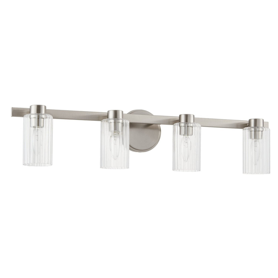 Bedminster Four Light Vanity in Brushed Nickel, Clear Ribbed Thesis Canada