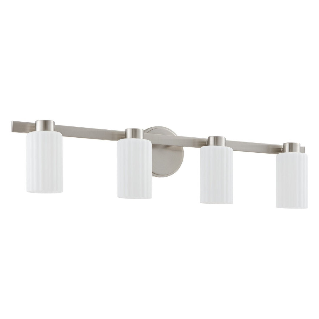 Bedminster Four Light Vanity in Brushed Nickel, Opal Ribbed Thesis Canada