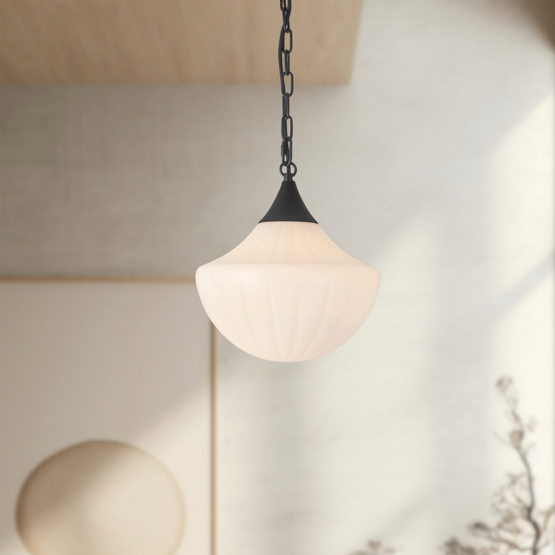 Alora Canada - PD651012MBGR - One Light Pendant - Farrah - Matte Black/Glossy Ribbed Opal Glass