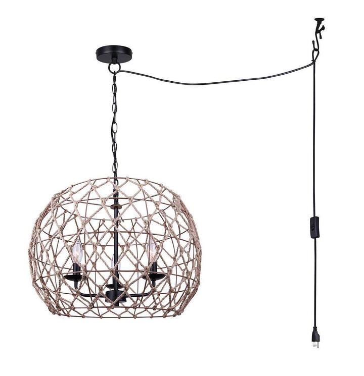 Hora-Marron Three Light Pendant in Matte Black + Rope Canarm Canada