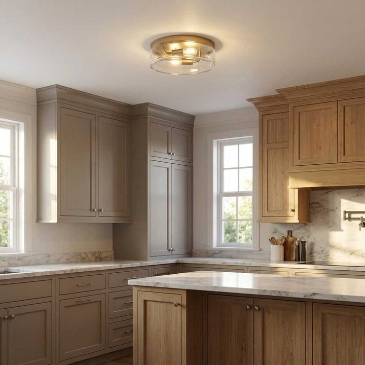 Rhett Two Light Flush Mount in Satin Brass Generation Lighting Canada