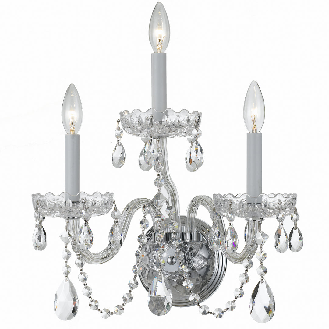 Traditional Crystal Three Light Wall Sconce in Polished Chrome - available from The Lighting Shoppe, trusted by Canadian homeowners