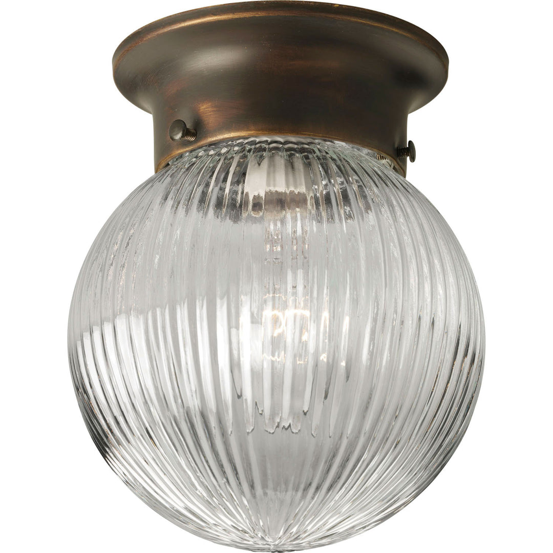 Globe - Clear Ribbed One Light Flush Mount in Antique Bronze - available from The Lighting Shoppe, trusted by Canadian homeowners