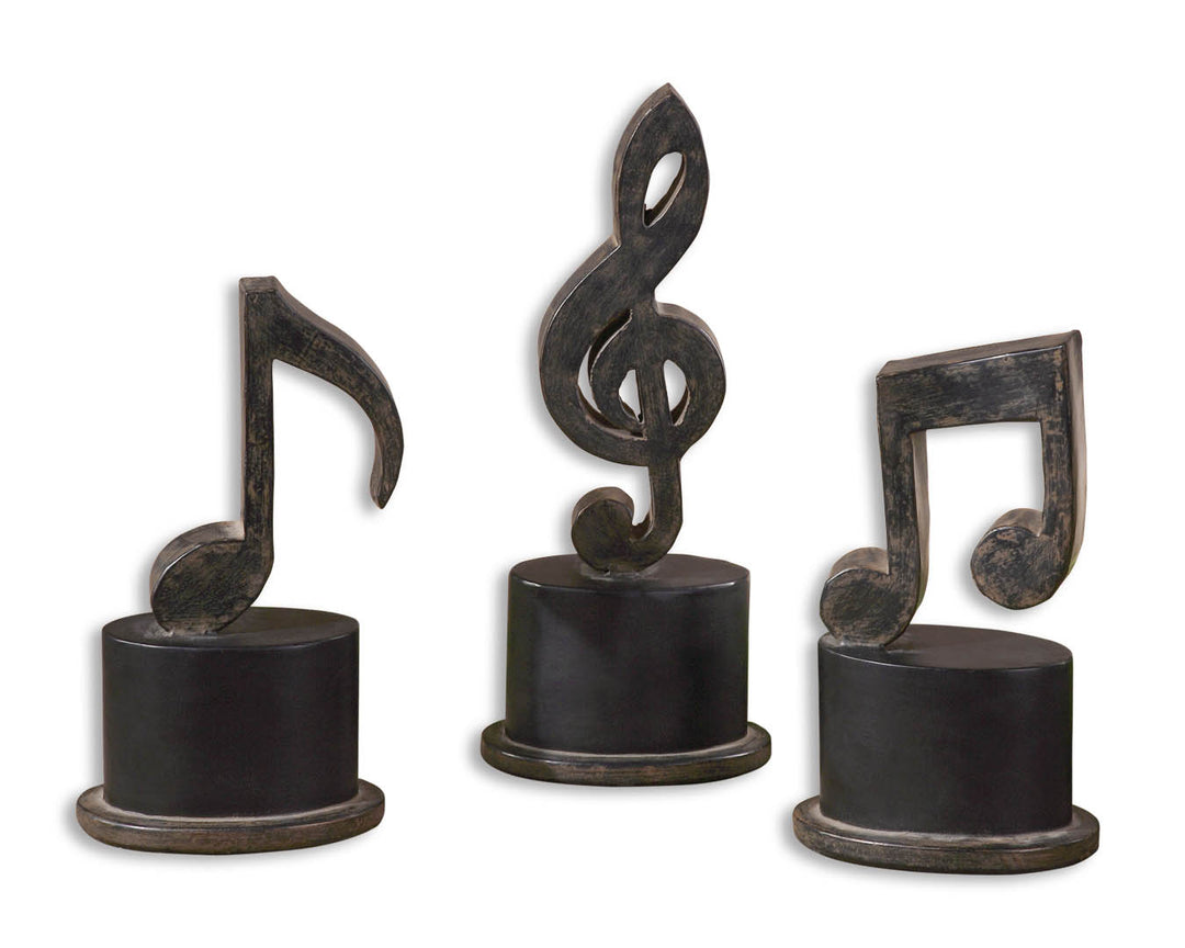 Music Notes Figurines, Set/3 in Aged Black w/Tan Glaze And Matte Black - available from The Lighting Shoppe, trusted by Canadian homeowners
