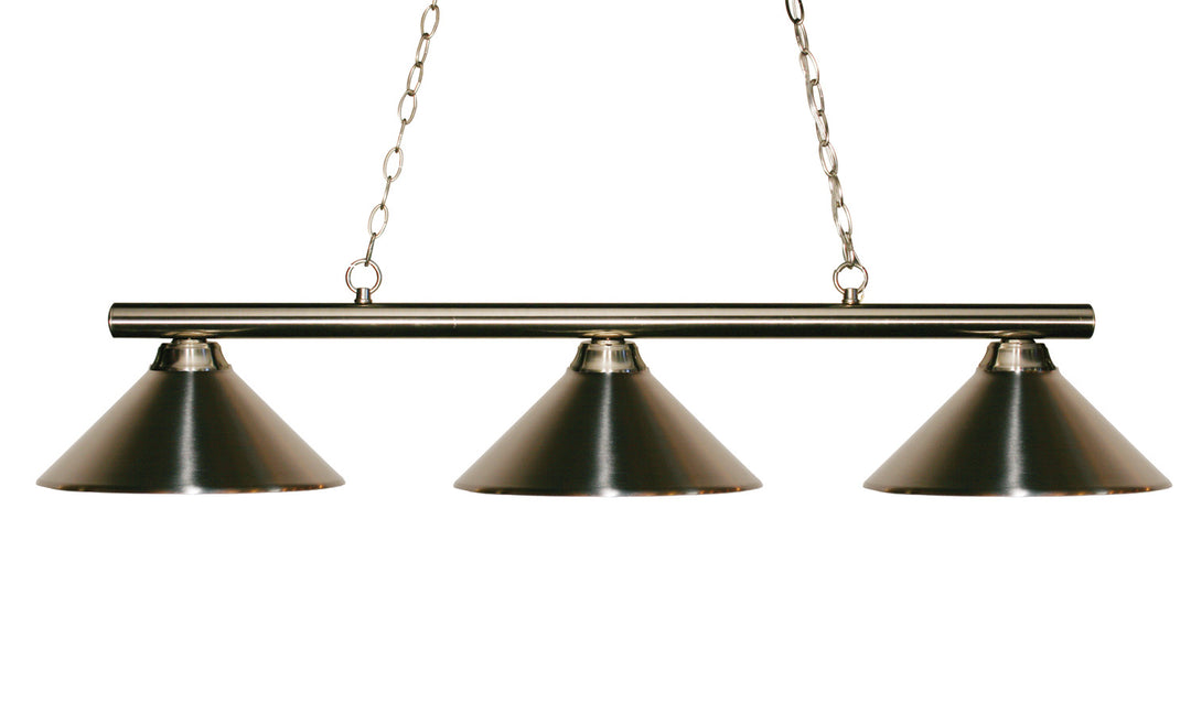 Sharp Shooter Three Light Billiard in Brushed Nickel - available from The Lighting Shoppe, trusted by Canadian homeowners