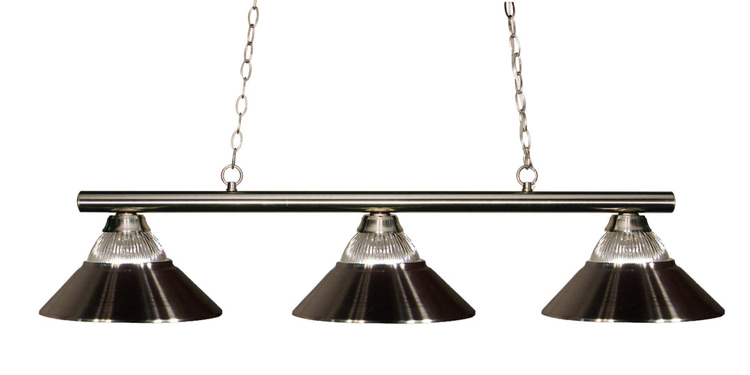 Sharp Shooter Three Light Billiard in Brushed Nickel - available from The Lighting Shoppe, trusted by Canadian homeowners
