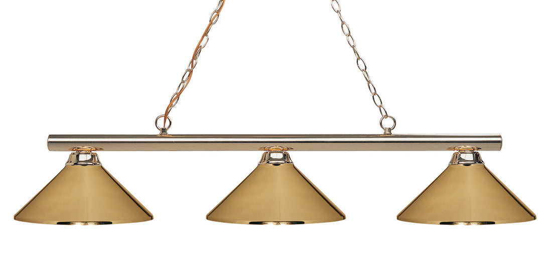 Sharp Shooter Three Light Billiard in Polished Brass - available from The Lighting Shoppe, trusted by Canadian homeowners