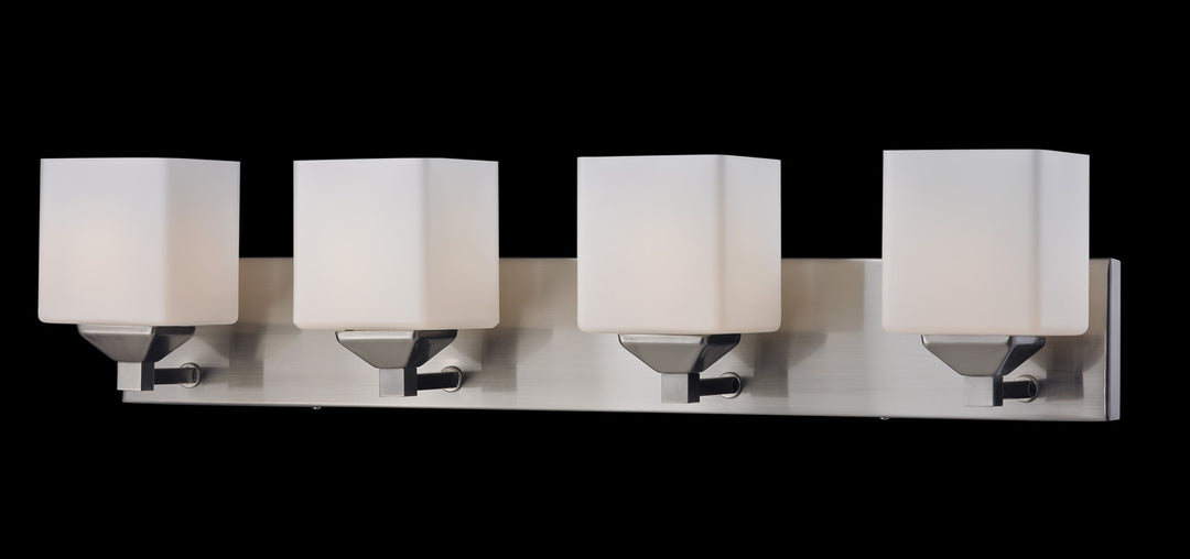 Quube Four Light Vanity in Brushed Nickel - available from The Lighting Shoppe, trusted by Canadian homeowners