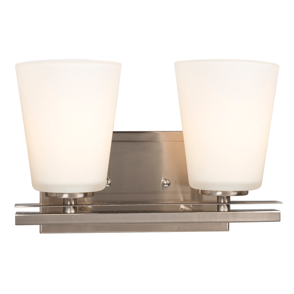 Radcliff Brushed Nickel Two Light Vanity Light in Brushed Nickel - available from The Lighting Shoppe, trusted by Canadian homeowners