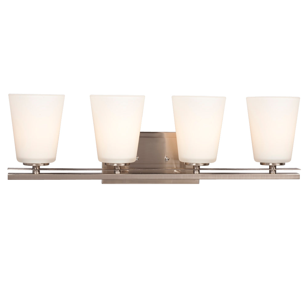 Radcliff Brushed Nickel Four Light Vanity Light in Brushed Nickel - available from The Lighting Shoppe, trusted by Canadian homeowners