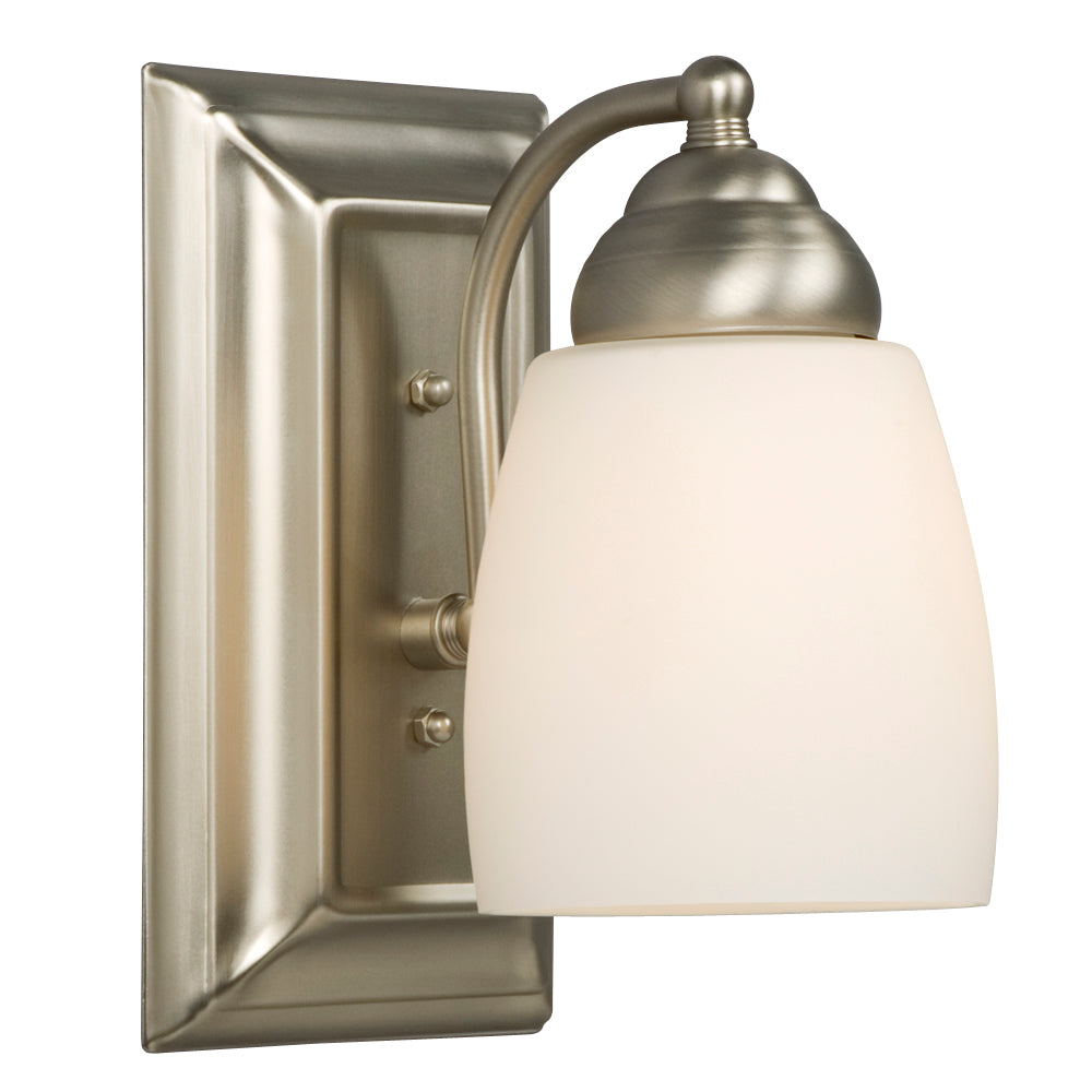 Barclay Brushed Nickel One Light Vanity Light in Brushed Nickel - available from The Lighting Shoppe, trusted by Canadian homeowners