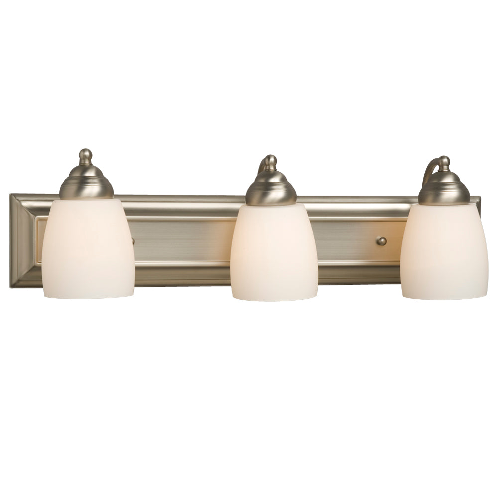 Barclay Brushed Nickel Three Light Vanity Light in Brushed Nickel - available from The Lighting Shoppe, trusted by Canadian homeowners