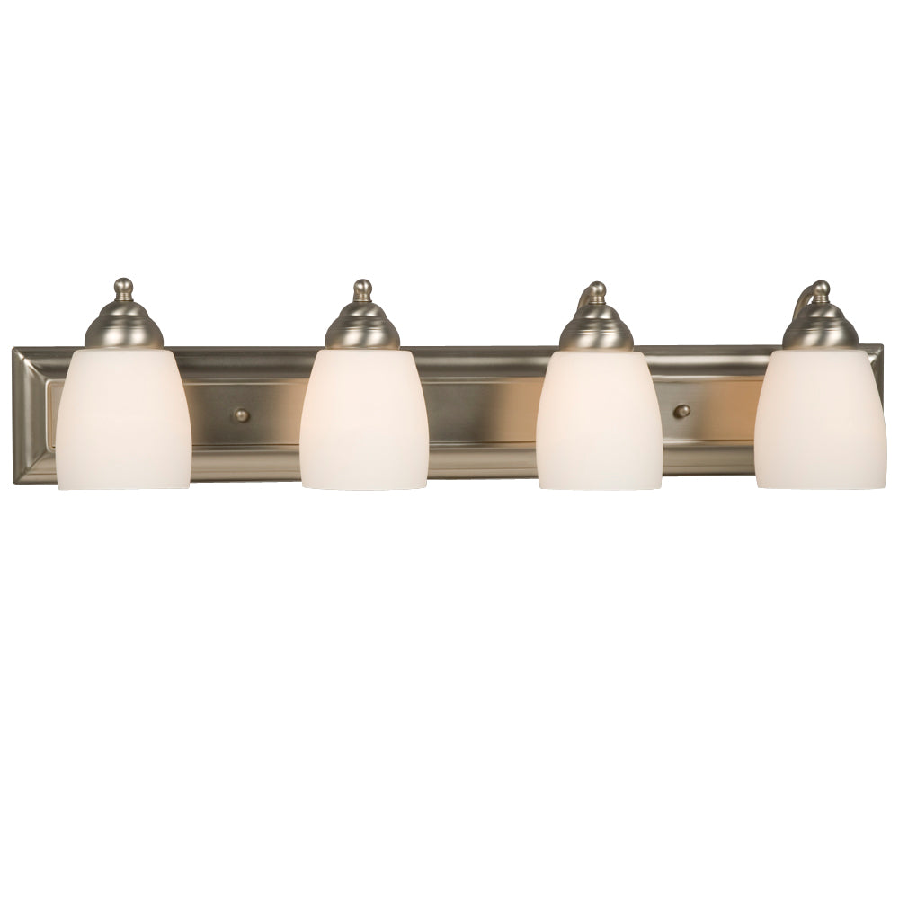 Barclay Brushed Nickel Four Light Vanity Light in Brushed Nickel - available from The Lighting Shoppe, trusted by Canadian homeowners