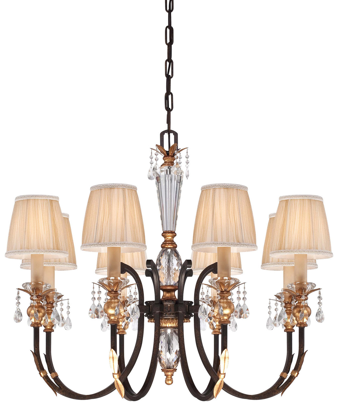 Bella Cristallo Eight Light Chandelier in French Bronze With Gold Leaf Highlights - available from The Lighting Shoppe, trusted by Canadian homeowners