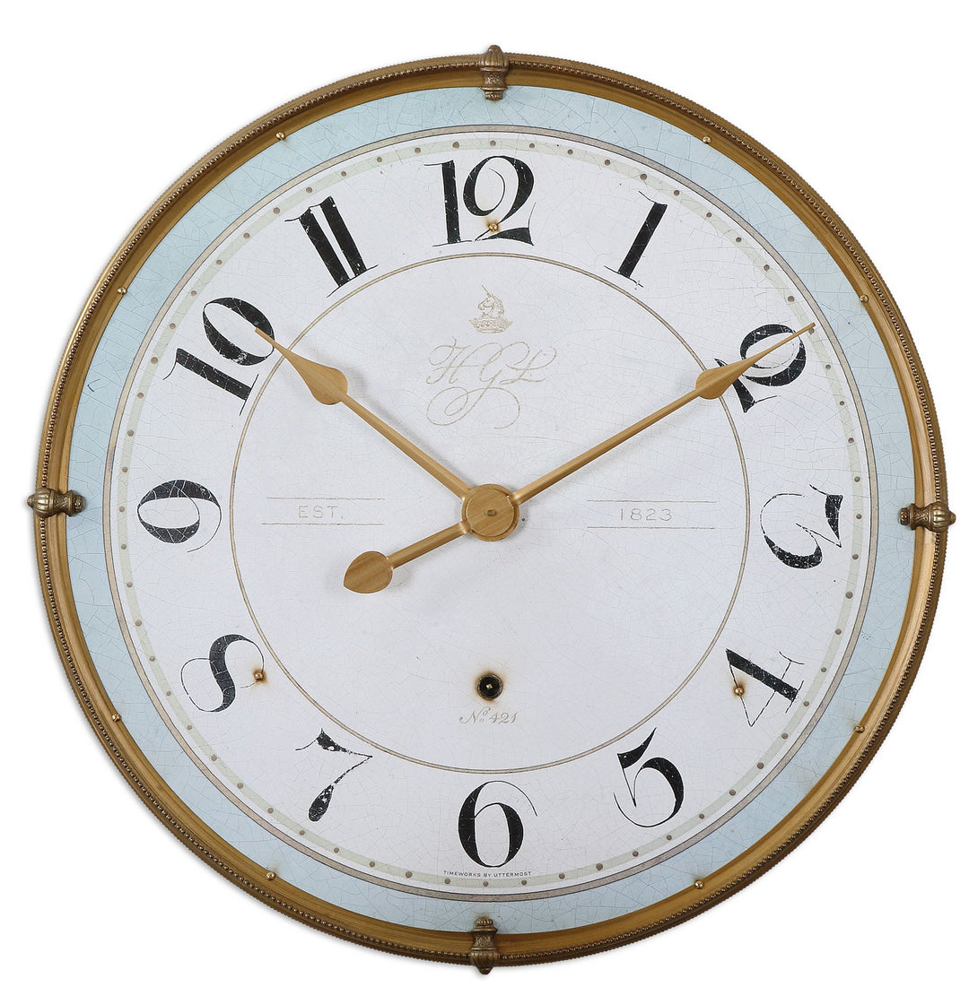 Torriana Wall Clock in Antiqued Gold - available from The Lighting Shoppe, trusted by Canadian homeowners