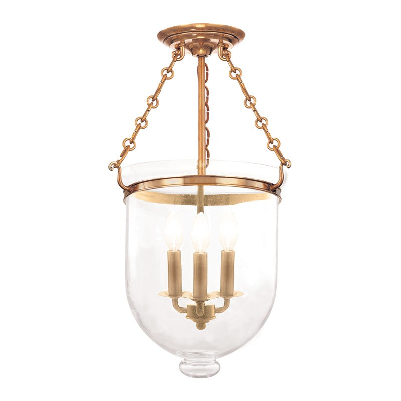 Hampton Three Light Semi Flush Mount in Aged Brass - available from The Lighting Shoppe, trusted by Canadian homeowners