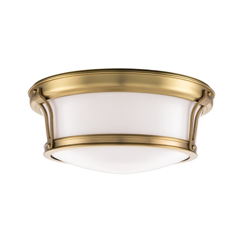 Newport Two Light Flush Mount in Aged Brass - available from The Lighting Shoppe, trusted by Canadian homeowners