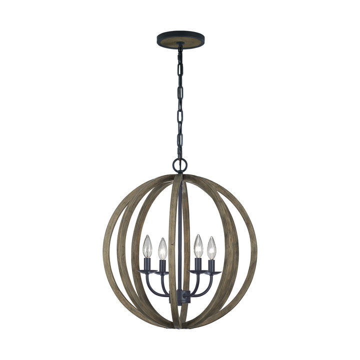 Allier Four Light Pendant in Weathered Oak Wood / Antique Forged Iron - available from The Lighting Shoppe, trusted by Canadian homeowners