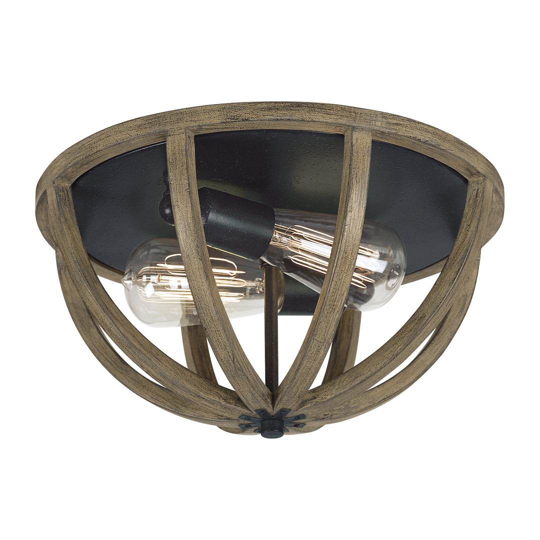 Allier Two Light Flush Mount in Weathered Oak Wood / Antique Forged Iron - available from The Lighting Shoppe, trusted by Canadian homeowners