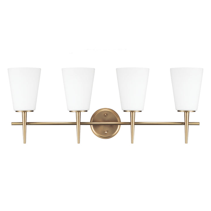 Driscoll Four Light Wall / Bath in Satin Brass - available from The Lighting Shoppe, trusted by Canadian homeowners