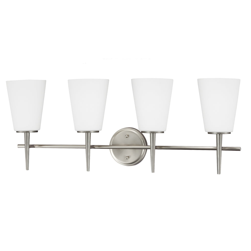 Driscoll Four Light Wall / Bath in Brushed Nickel - available from The Lighting Shoppe, trusted by Canadian homeowners