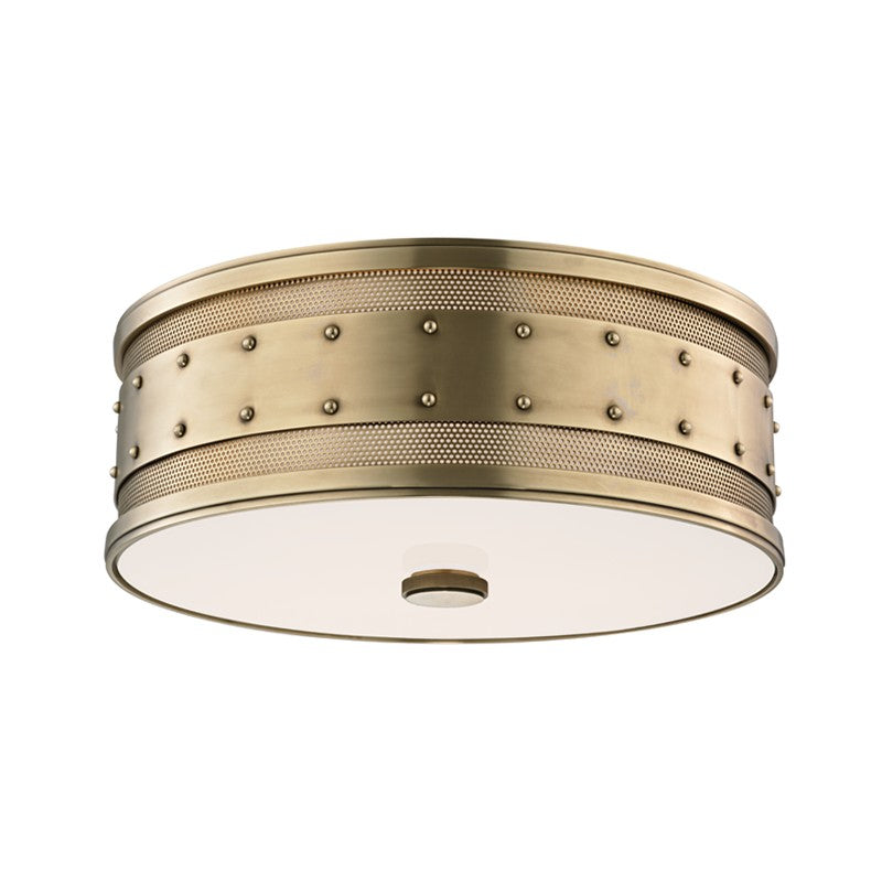 Gaines Three Light Flush Mount in Aged Brass - available from The Lighting Shoppe, trusted by Canadian homeowners