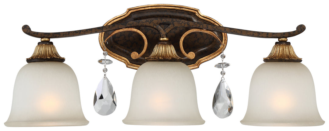 Chateau Nobles Three Light Bath in Raven Bronze With Sunburst Gold Leaf Highlights - available from The Lighting Shoppe, trusted by Canadian homeowners