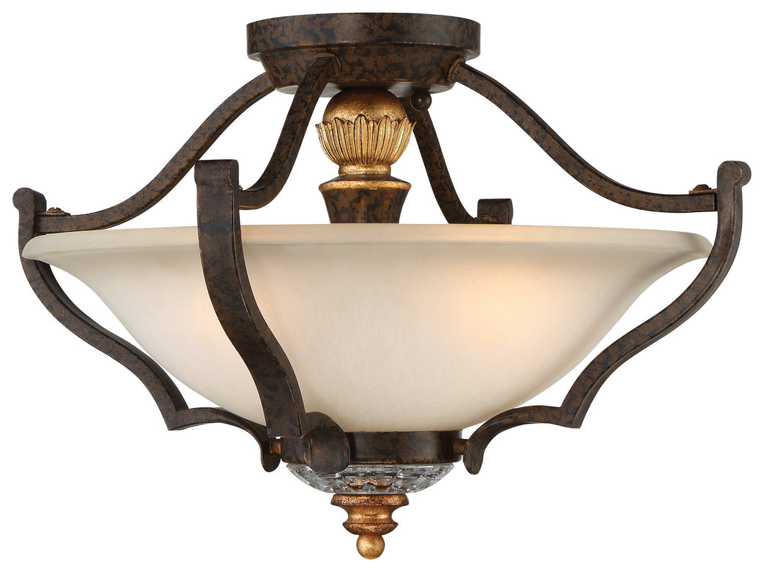 Chateau Nobles Three Light Semi Flush Mount in Raven Bronze With Sunburst Gold Leaf Highlights - available from The Lighting Shoppe, trusted by Canadian homeowners