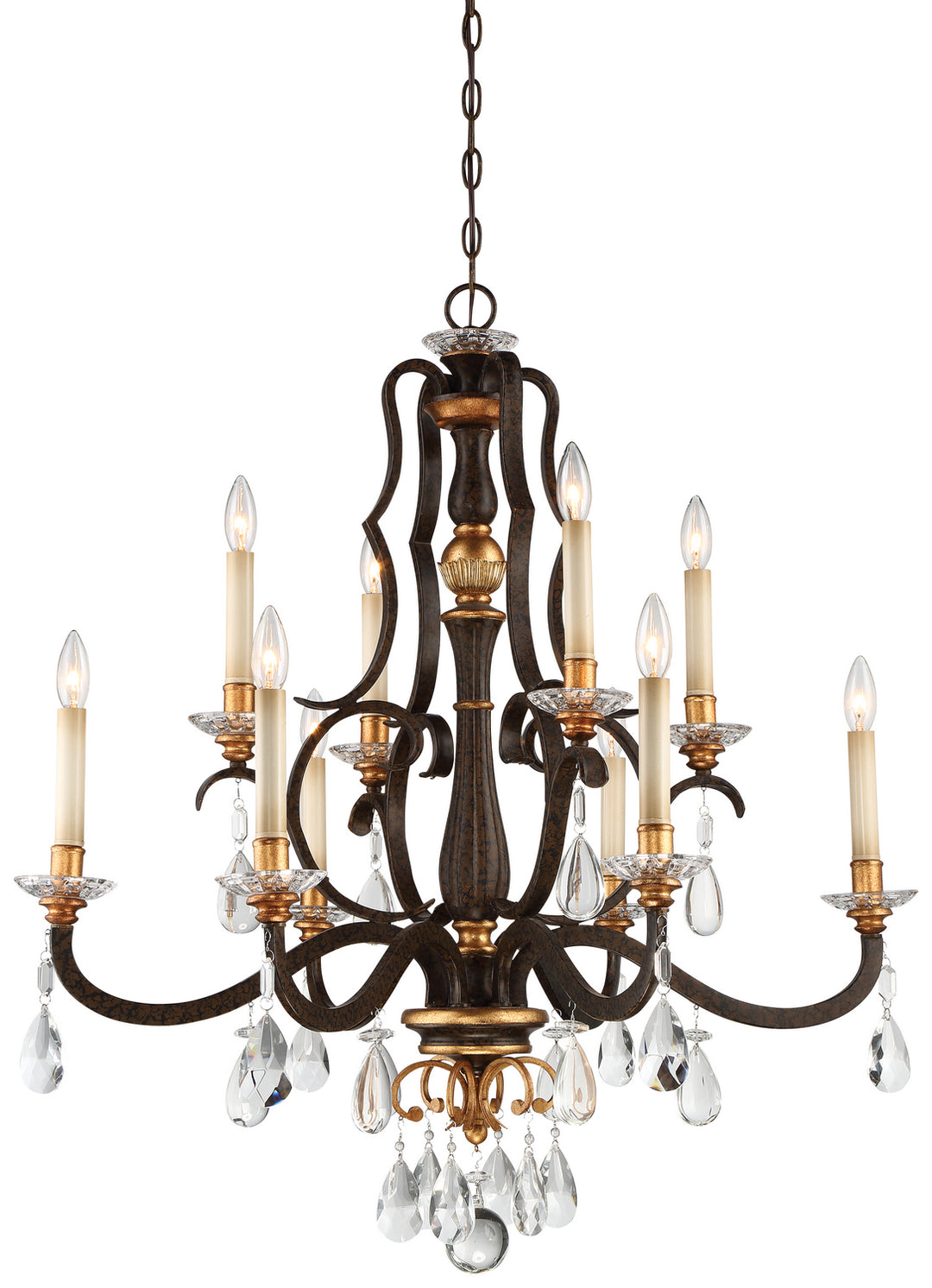 Chateau Nobles Ten Light Chandelier in Raven Bronze With Sunburst Gold Leaf Highlights - available from The Lighting Shoppe, trusted by Canadian homeowners
