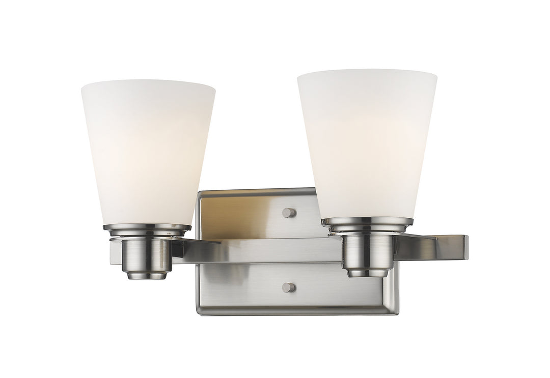 Kayla Two Light Vanity in Brushed Nickel - available from The Lighting Shoppe, trusted by Canadian homeowners