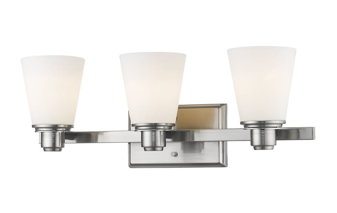 Kayla Three Light Vanity in Brushed Nickel - available from The Lighting Shoppe, trusted by Canadian homeowners